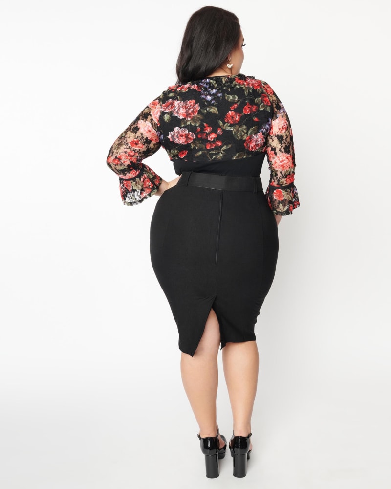 Unique Vintage Plus Size Black Belted Wiggle Skirt Black
